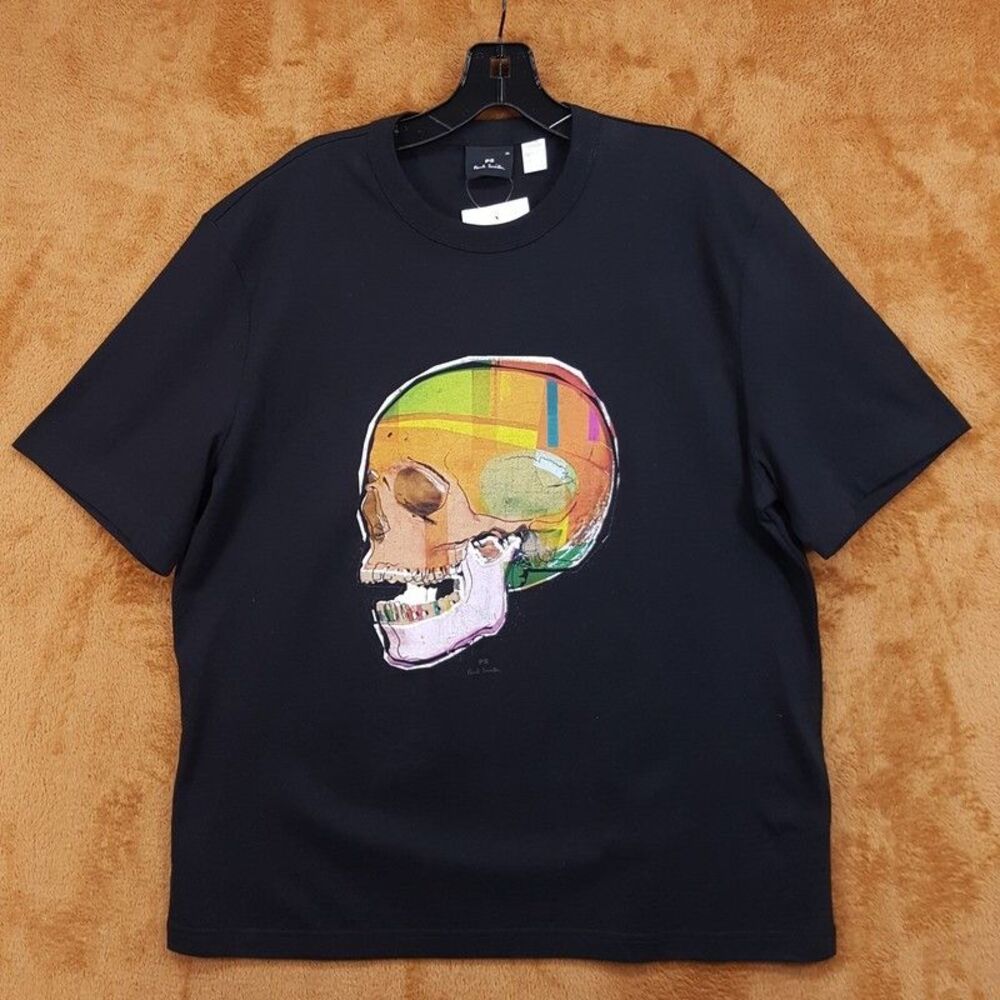 PAUL SMITH Shirt Mens XL Black Pullover Crew Graphic Skull Sketch T-Shirt $95